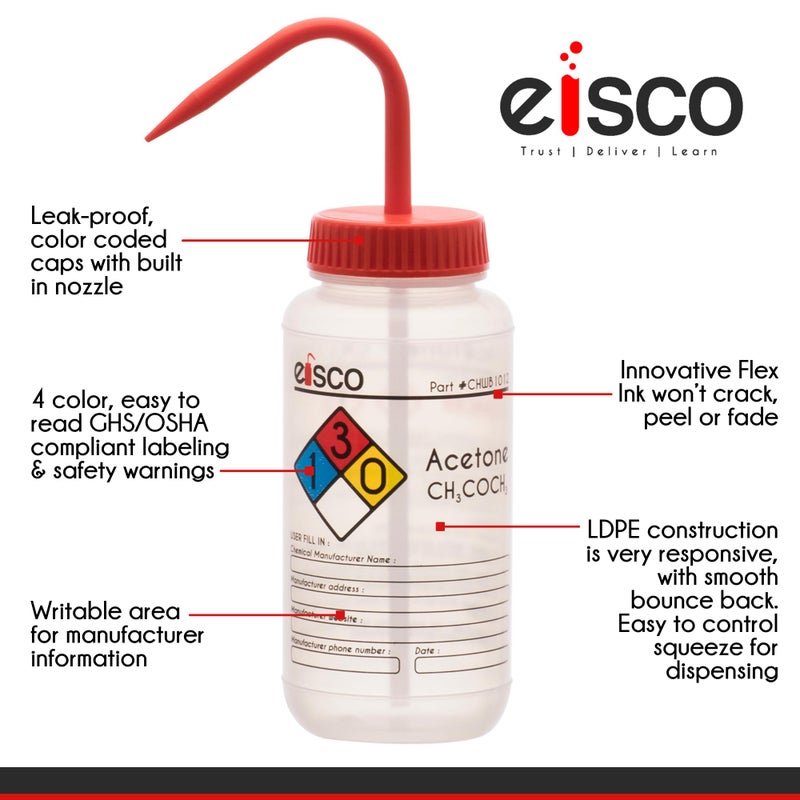 EISCO 2PK Wash Bottle for Acetone, 1000ml - Labeled with Color Coded Chemical & Safety Information (4 Colors) - Wide Mouth, Self Venting, Low Density Polyethylene Labs - Image 2